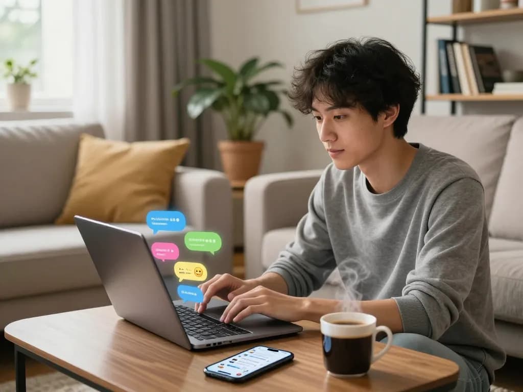 Engaging in sex ai chat on a laptop in a cozy living room with colorful animated chat bubbles.
