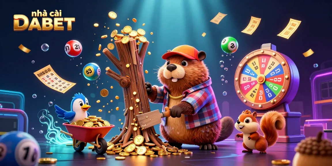 Win big at nhà cái DABET with an exciting 3D casino gaming scene showcasing vibrant lottery elements.