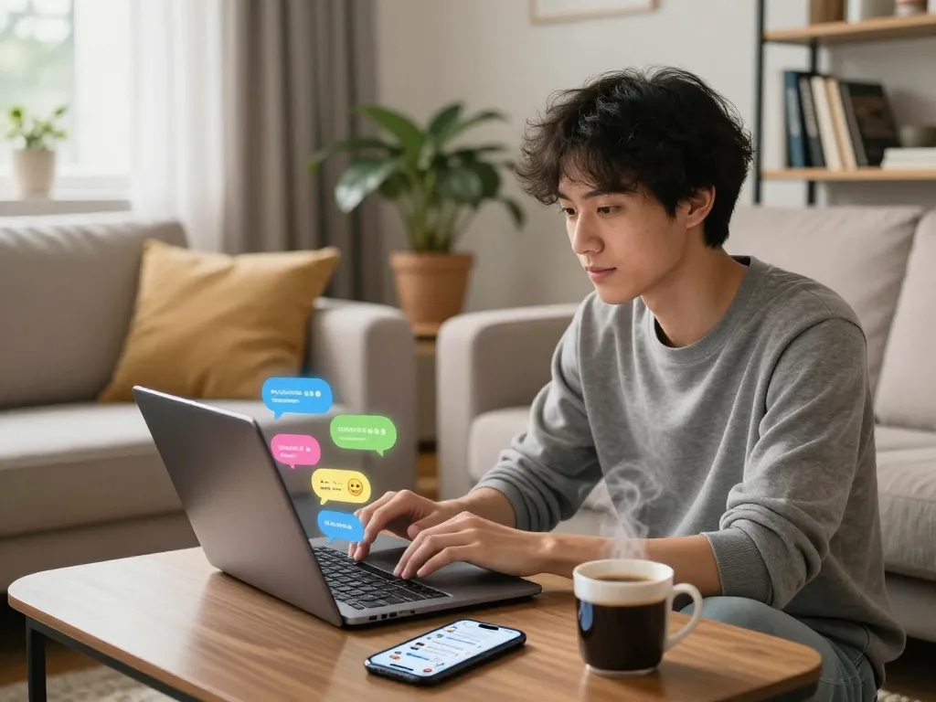 Engaging in sex ai chat on a laptop in a cozy living room with colorful animated chat bubbles.