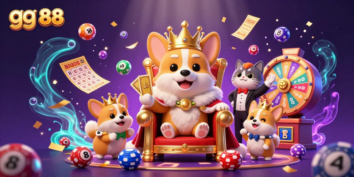 Engage with gg 88's vibrant casino world featuring a royal corgi and lively game elements.