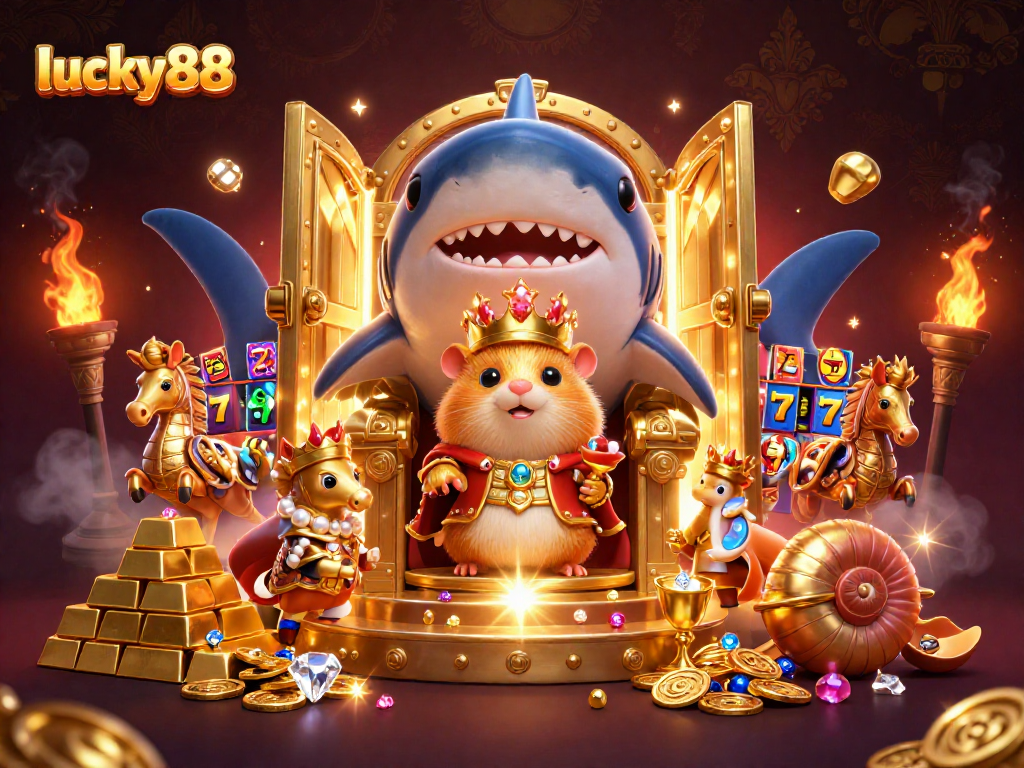 Experience the thrill of lucky88 with vibrant slot reels and sparkling treasures in a dynamic casino scene.