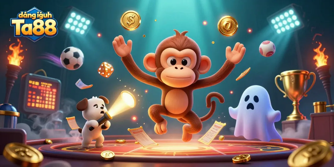 Engage in đăng nhập Ta88 gameplay with a vibrant 3D illustration showcasing a playful ghost-monkey scene.