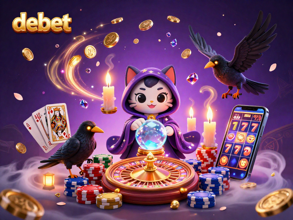 Engage with debet’s magical casino scene featuring a mystical cat, raven, and vibrant roulette!