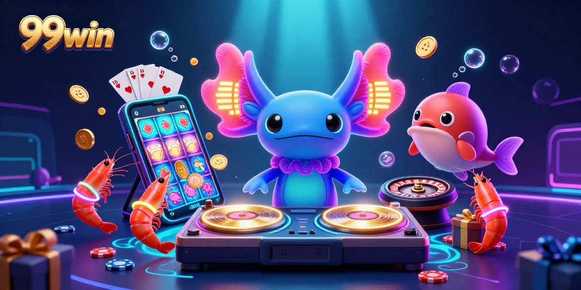 Engage in the vibrant world of 99win with a dynamic underwater casino scene featuring lively characters and game elements.