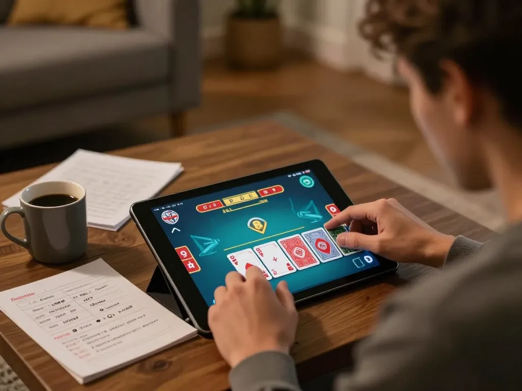 Player enjoying blackjack on 98win.com in a cozy home setup with warm atmosphere.