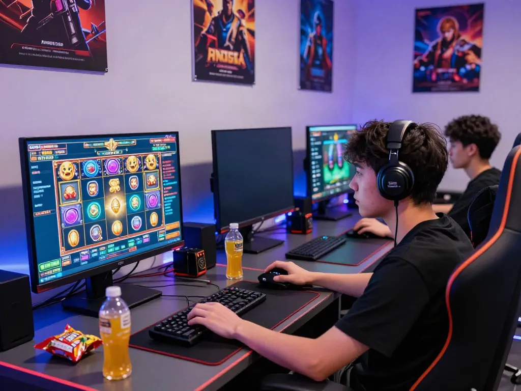 Professional player focused on slot online game at rokok88 with vibrant interface and gaming accessories.