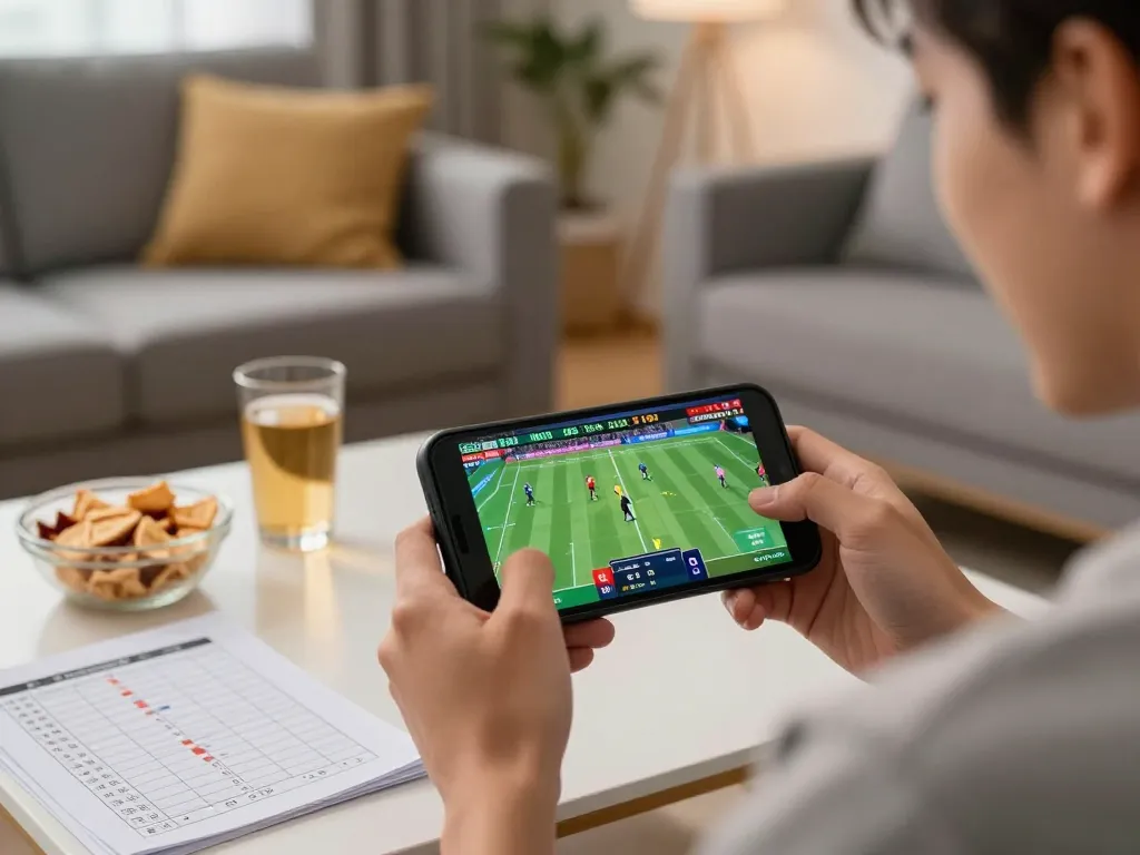 Person betting on 88aa lừa đảo live sports through a smartphone in a cozy living room with snacks.