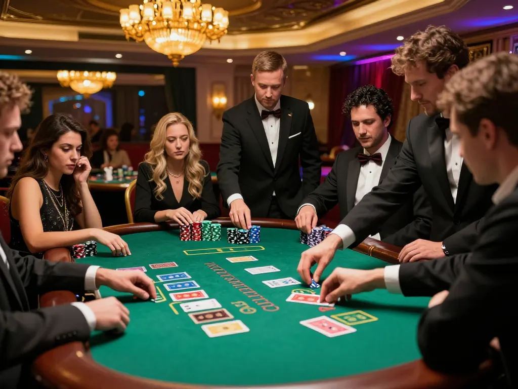 Engaged players at a DA88 blackjack table in an upscale casino showcasing tension and excitement.