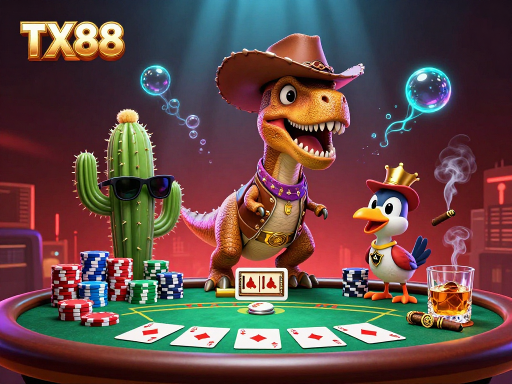 Engage with TX88's vibrant poker scene featuring a cowboy T-Rex and a lively casino atmosphere.