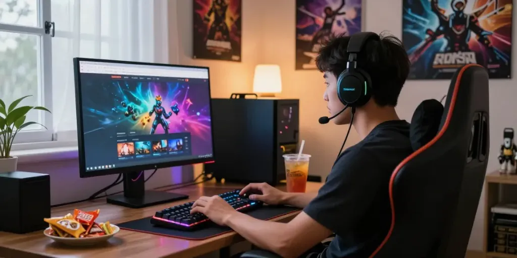 Engaged gamer navigating the rokok88 online platform in a cozy gaming setup.