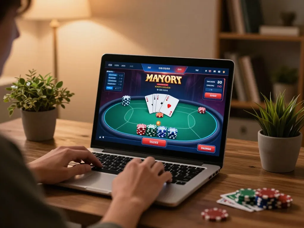 Engaged player enjoying a poker game on 33win com at home, emphasizing strategic gameplay.