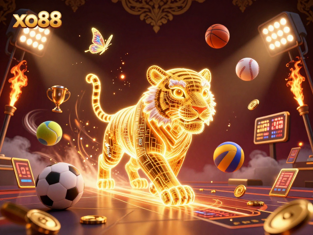 Engage in exciting gaming and sports action at xo88 with dynamic visuals of casino elements and sports balls.