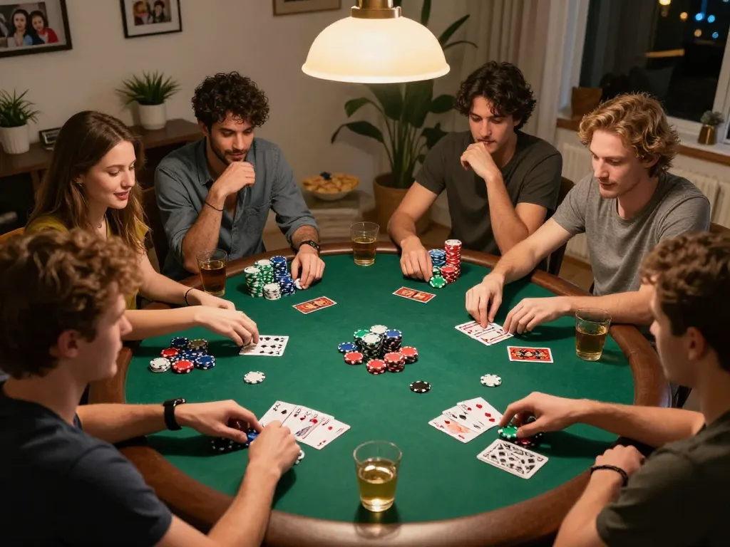 Friends playing poker at home enhance their strategy with 33win gameplay.