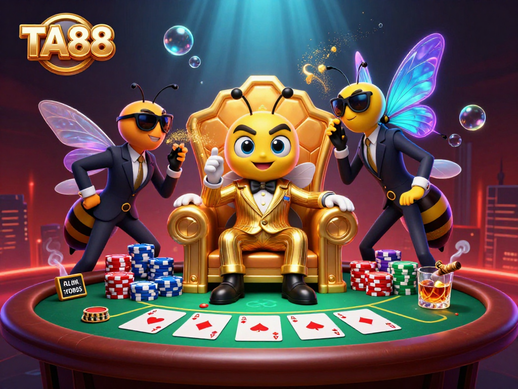 TA88 highlights casino activities with a cartoon bumblebee mob boss and poker action.