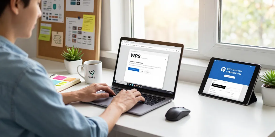 WPS Download interface on a laptop in a modern workspace setup, showcasing productivity tools.