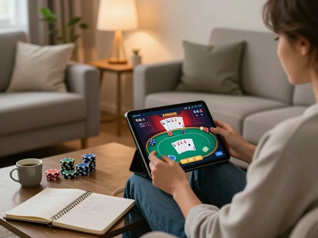 F168 player enjoying an online poker game on a tablet in a cozy home setting, reflecting responsible gaming.