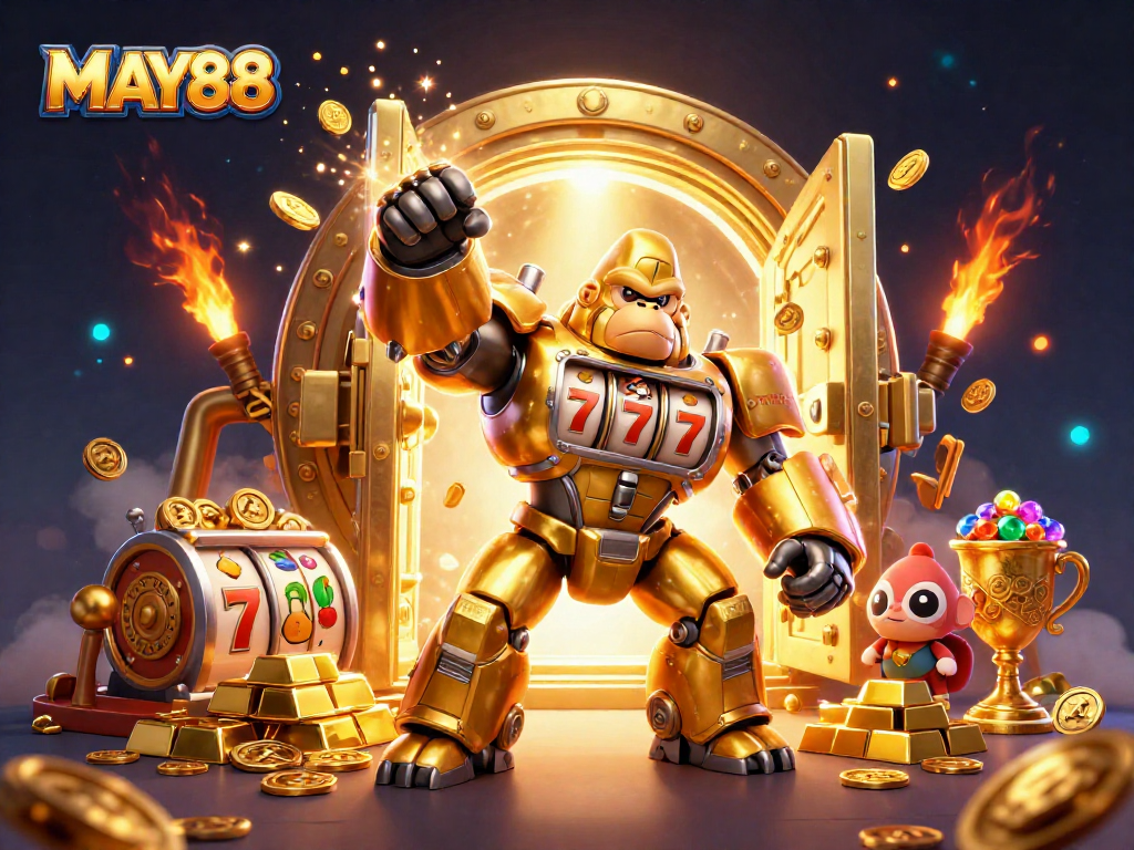 MAY88 casino-themed illustration showcasing a golden gorilla mech amidst gold treasures and slot symbols.