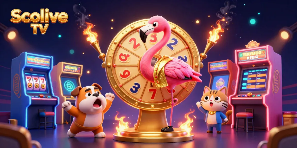 Socolive TV showcases a vibrant game show scene with colorful gambling elements, featuring a flamingo host and enthusiastic bulldog contestant.
