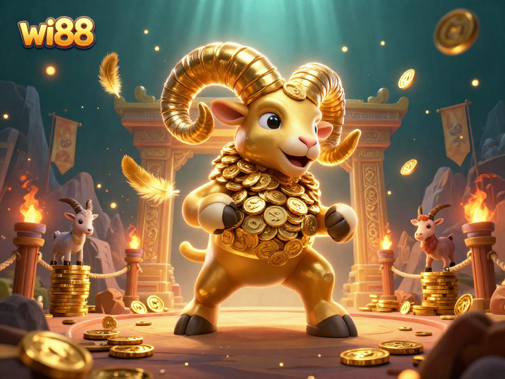 wi88 showcases an exciting scene of a golden ram charging at the gate amidst swirling golden feathers and vibrant casino elements.
