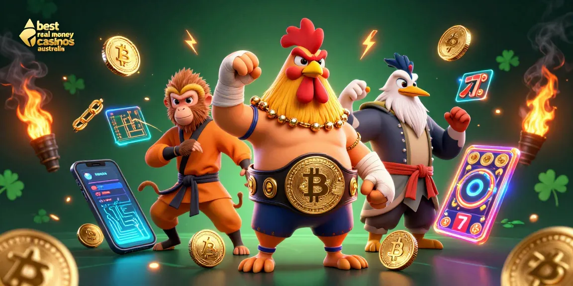 Explore the best real money casinos Australia with a vibrant 3D illustration of casino elements featuring crypto coins and characters.
