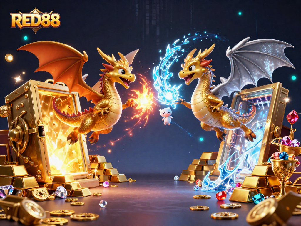 Join the action with RED88 as powerful dragons battle amidst treasure in a lively casino scene.