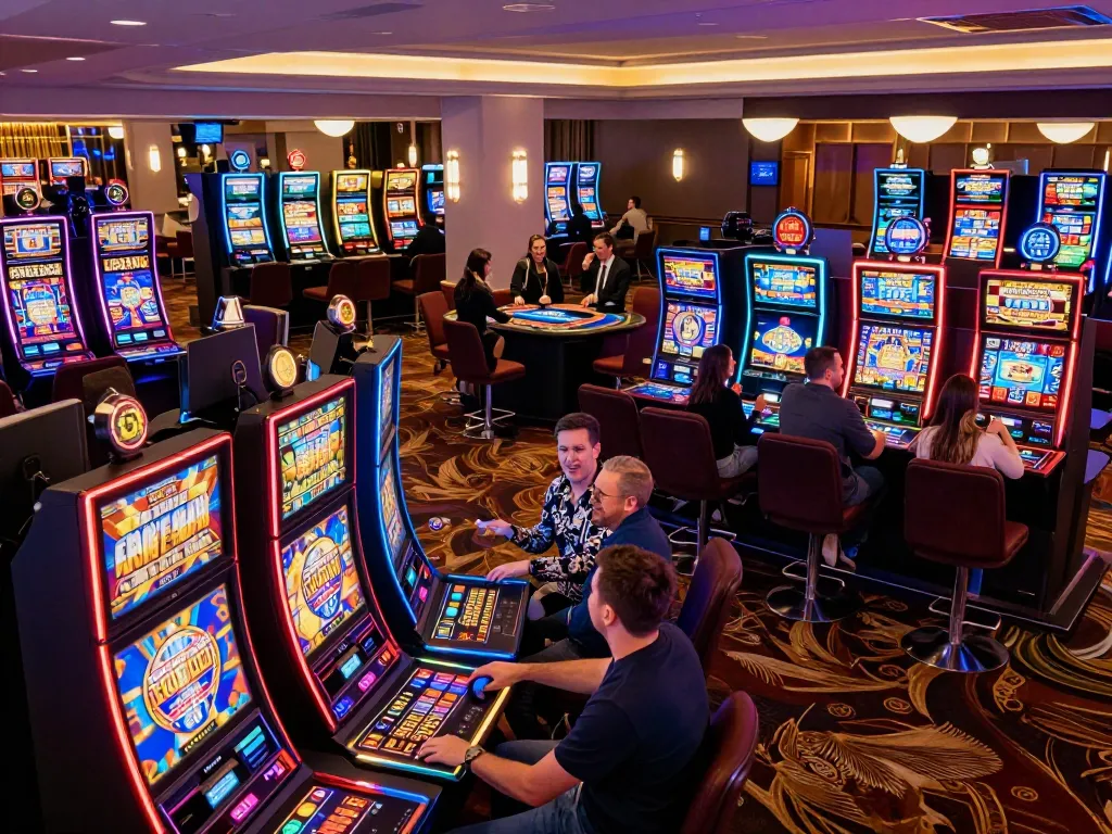 Engaging nohu slot game moment, players celebrating wins amidst vibrant casino lights and action