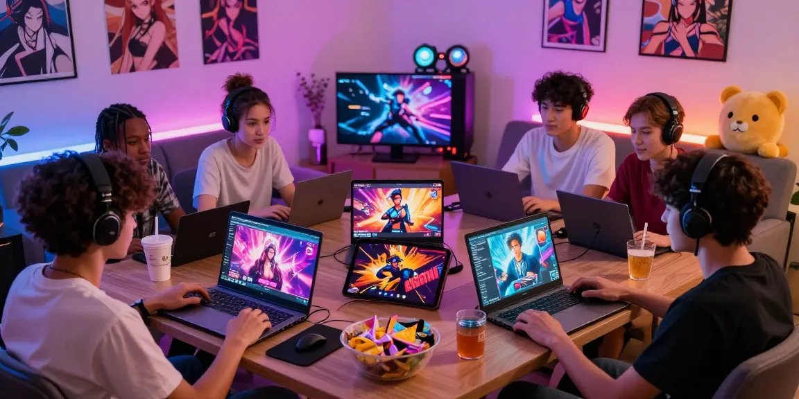 Players enjoying free hentai games together in a cozy gaming setup with vibrant decor and snacks.