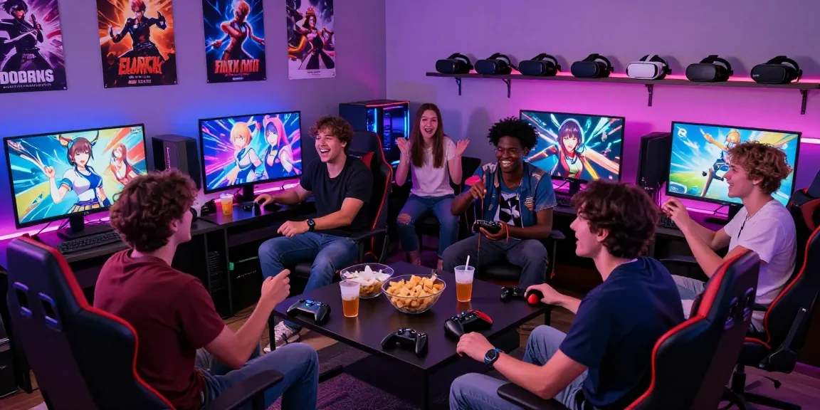 Group enjoying an adult game night with interactive simulators and animated hentai in a vibrant gaming lounge.