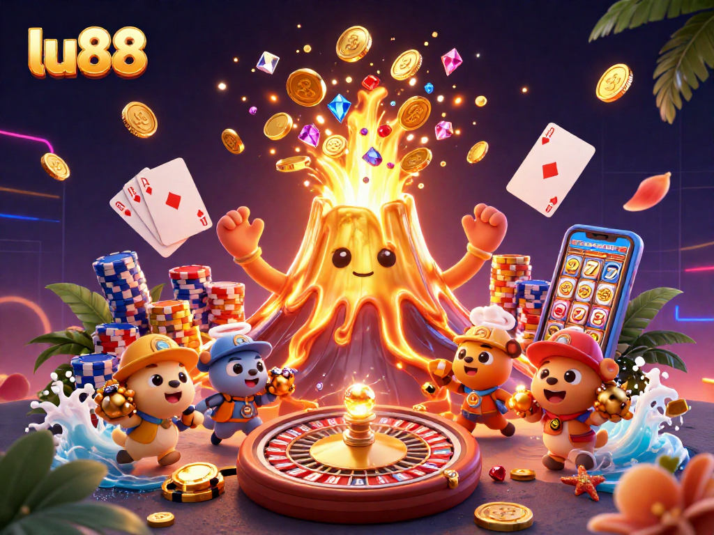 Experience winning moments at lu88 with a 3D cartoon illustration of casino excitement, treasure, and fun.