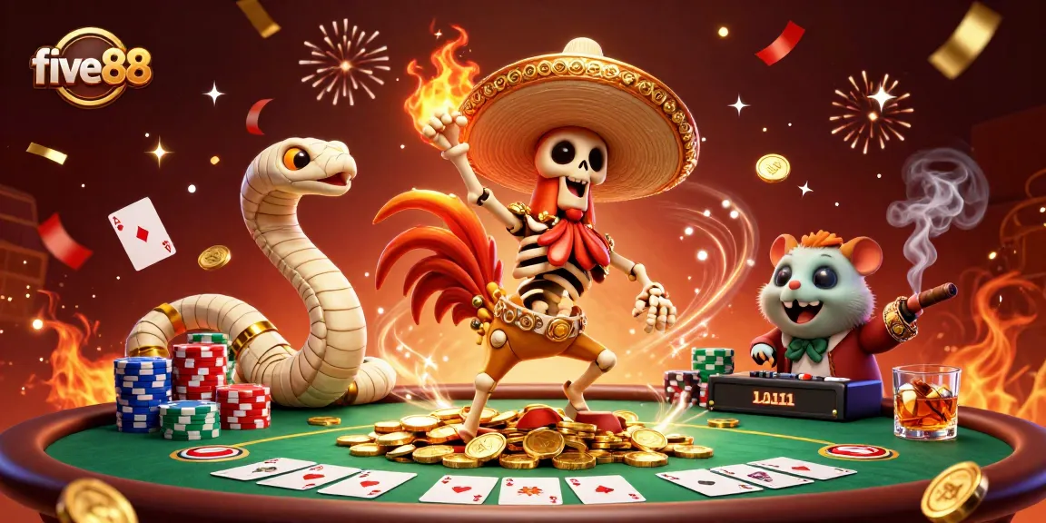 five88 celebrates in a vibrant casino scene featuring a mariachi rooster and poker elements