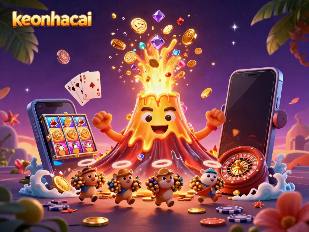 Experience gaming excitement at keonhacai with a vibrant 3D scene of a victorious golden volcano erupting treasure.
