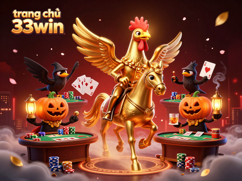 Experience the thrilling atmosphere of trang chủ 33win with a golden rooster and poker elements in a vibrant casino setting.