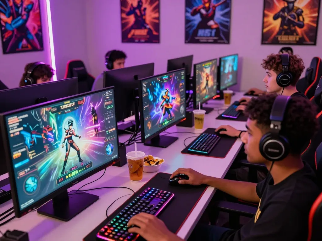 Engaged gamers playing mind control porn games online, showcasing colorful avatars and intense gameplay.