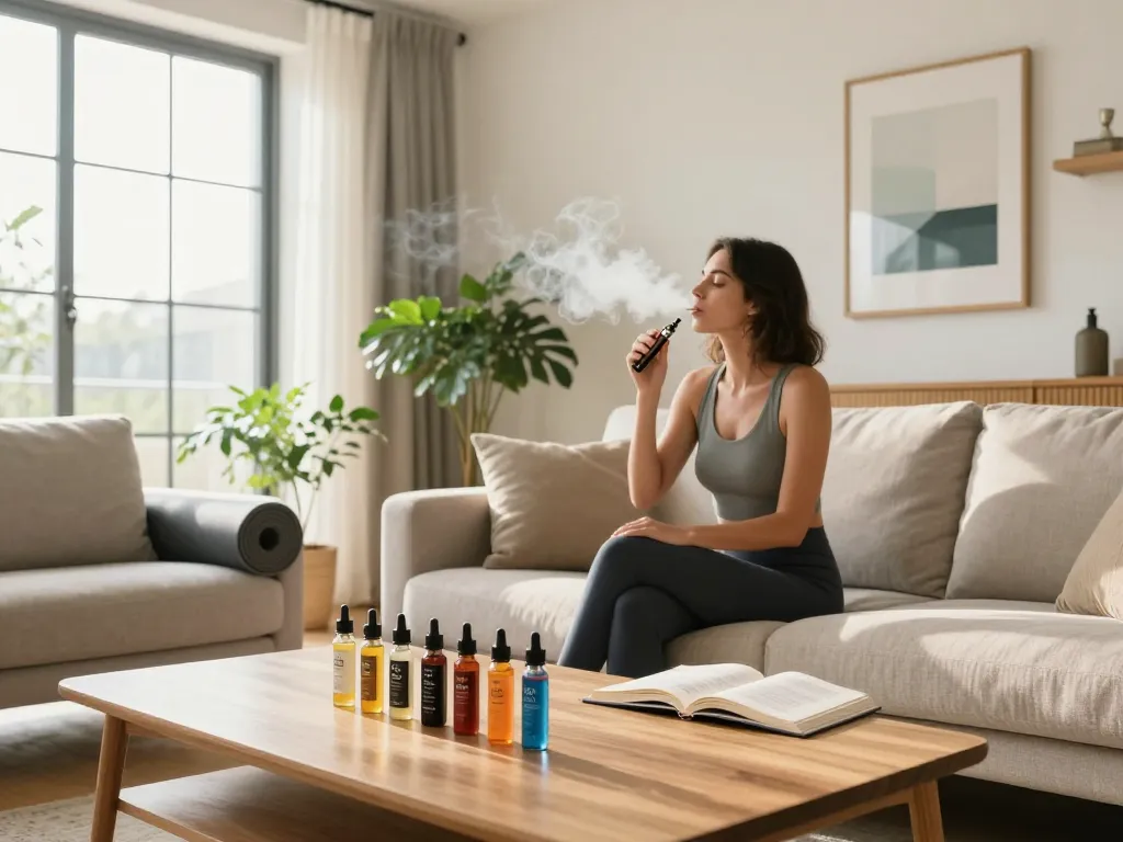 Sigarette elettroniche in un contesto di benessere con succhi di vape biologici e un'atmosfera rilassata, promuovendo uno stile di vita naturale.