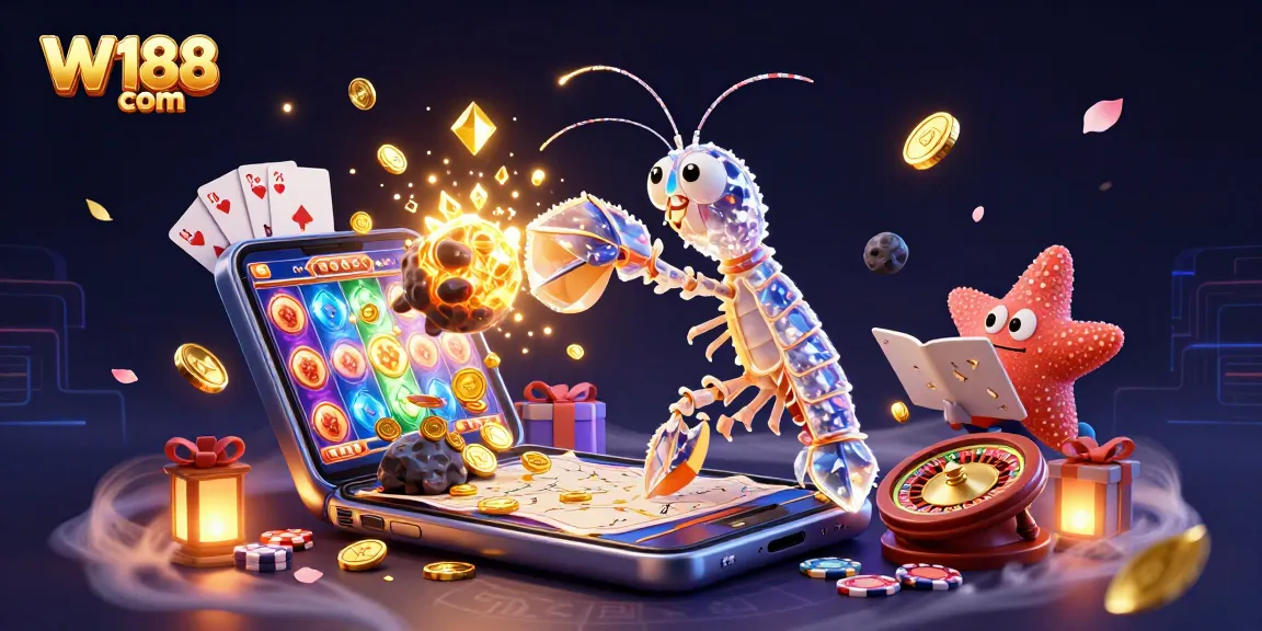 Engage with W188 com as a galactic samurai mantis shrimp brings luck in an exploding casino adventure.