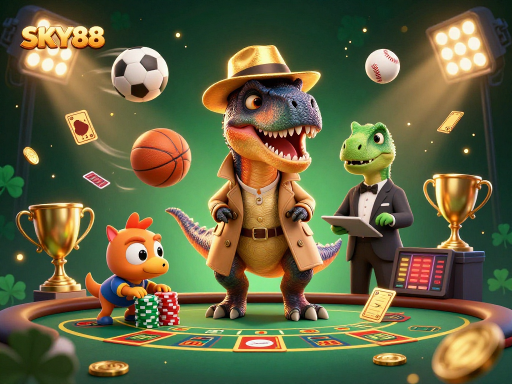 Join the fun at SKY88 with a card counting velociraptor and colorful casino elements in a thrilling blackjack scene.