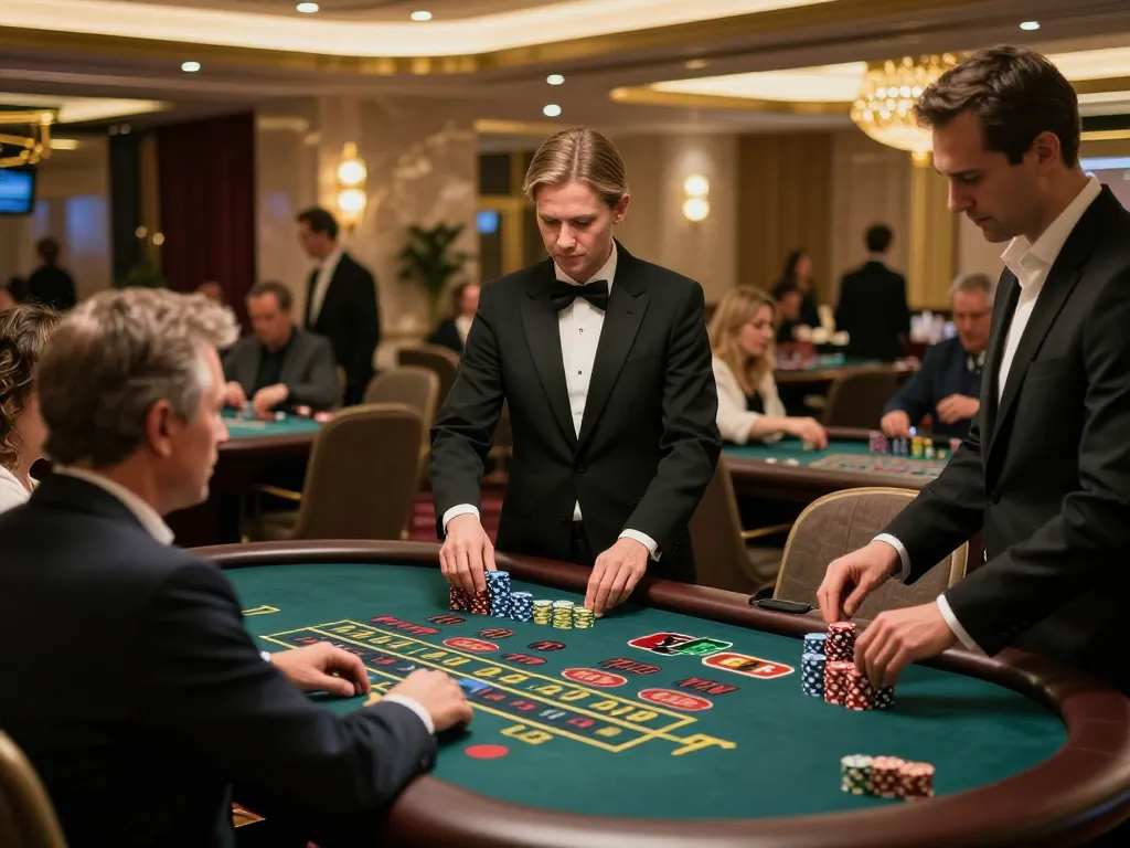 Vipwin players enjoying strategic blackjack and roulette action in an upscale casino environment