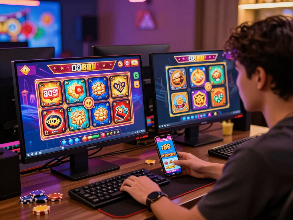 Engaging individual playing on slot88 resmi platform, showcasing vibrant slot games and Apk Resmi Kasino 88.