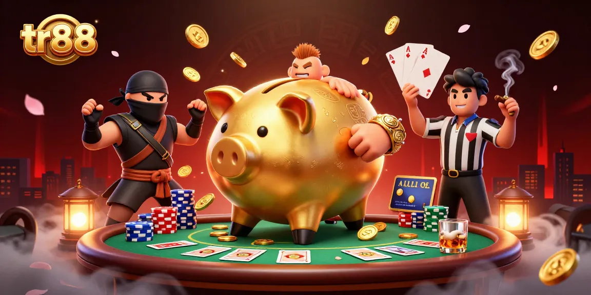 Engage with the thrilling tr88 gaming scene featuring a golden piggy bank and vibrant poker elements.
