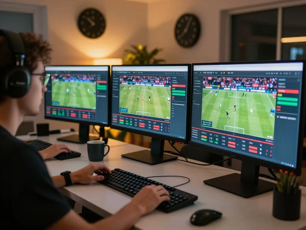 Engaging in tỷ lệ kèo trực tuyến by placing bets in a modern home sports betting setup, showing excitement and strategy.