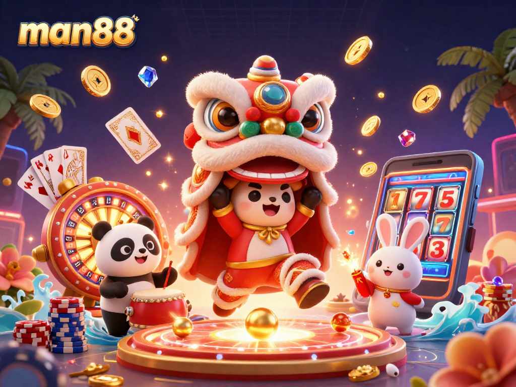 Experience thrilling moments at man88 with a vibrant 3D casino scene showcasing exhilarating games.