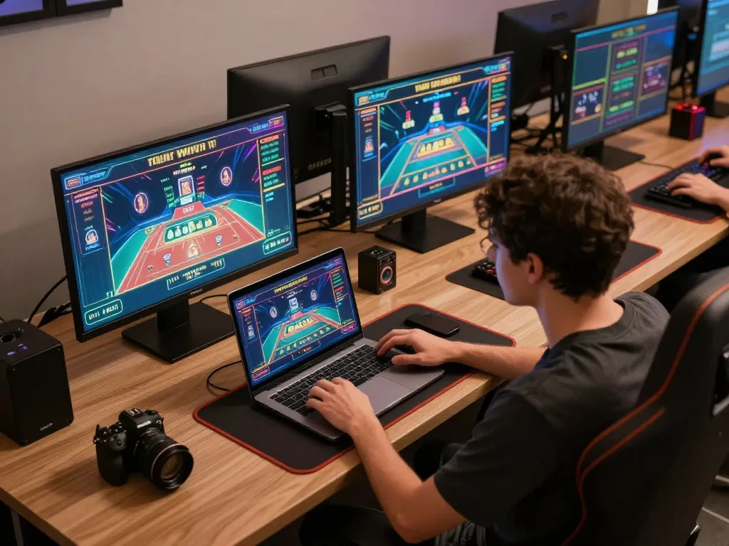 Engaged player enjoying live dealer games on laptop representing 77WIN online casino gaming