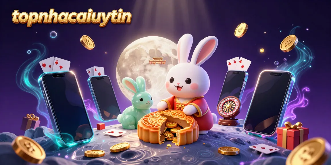 topnhacaiuytin showcases a cartoon moon rabbit revealing poker chips inside mooncakes, amidst vibrant casino elements.