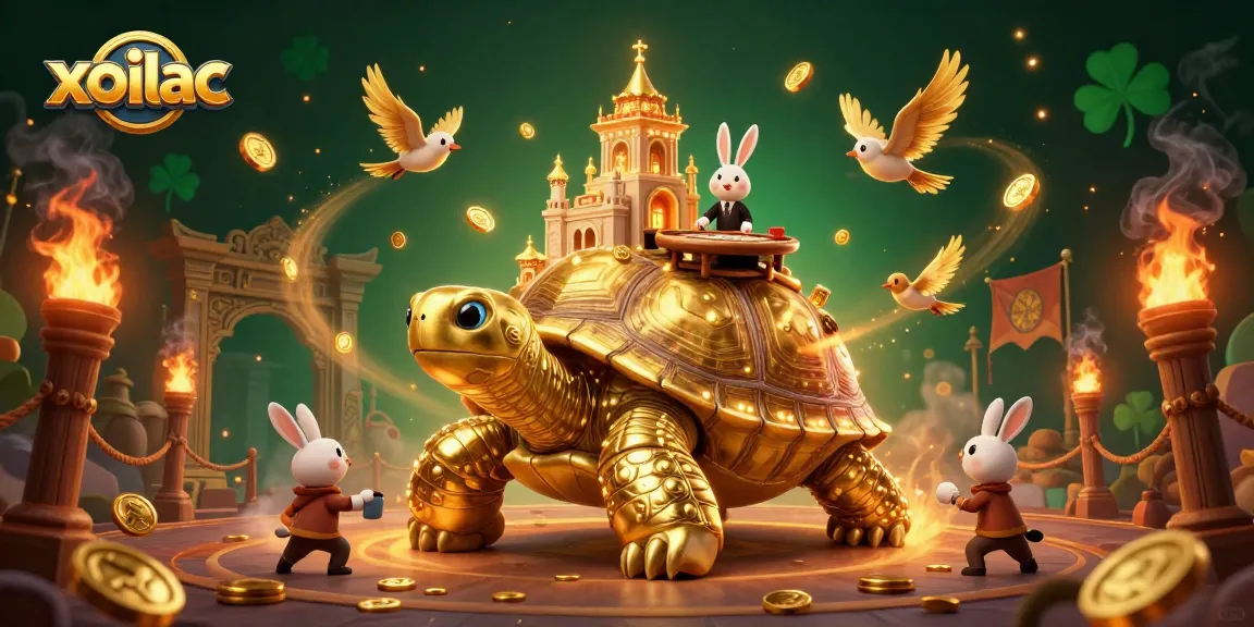 Experience the thrill of gambling at xoilac with a vibrant gold-themed 3D casino illustration.