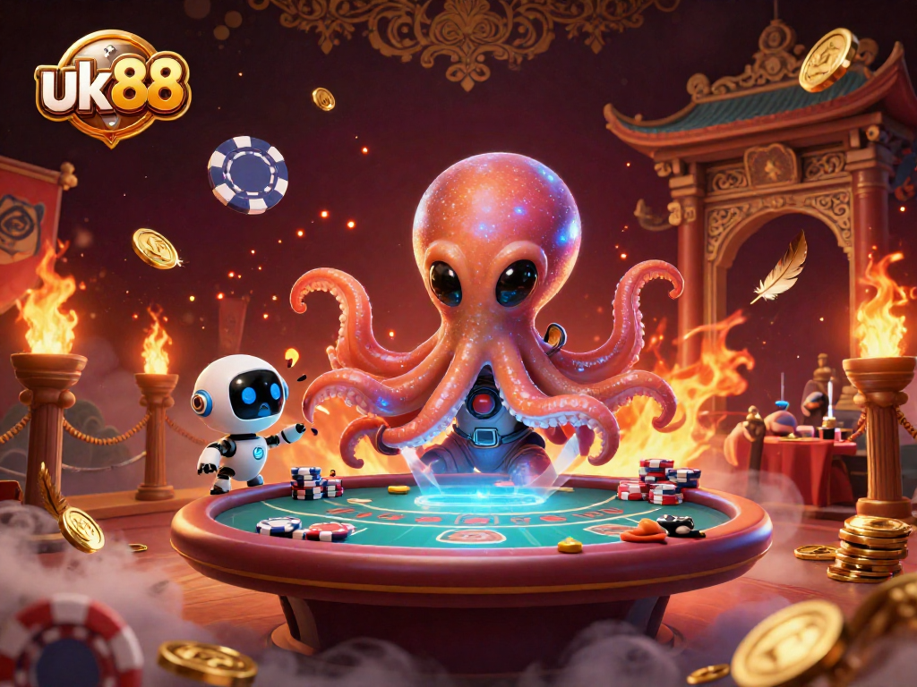 Experience thrilling poker action with uk88's vibrant alien-themed gaming illustration.