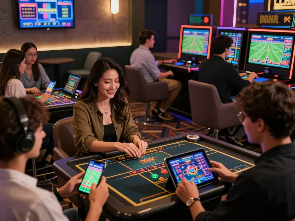 Engaged players enjoying online gaming at https://mmoo1.de.com in a lively entertainment lounge, showcasing diverse gambling options.