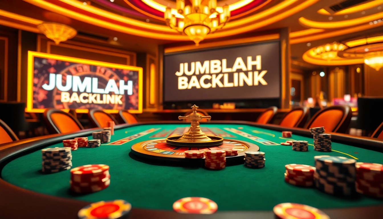 Exciting poker table scene highlighting JUMLAH BACKLINK with vibrant chips and cards.