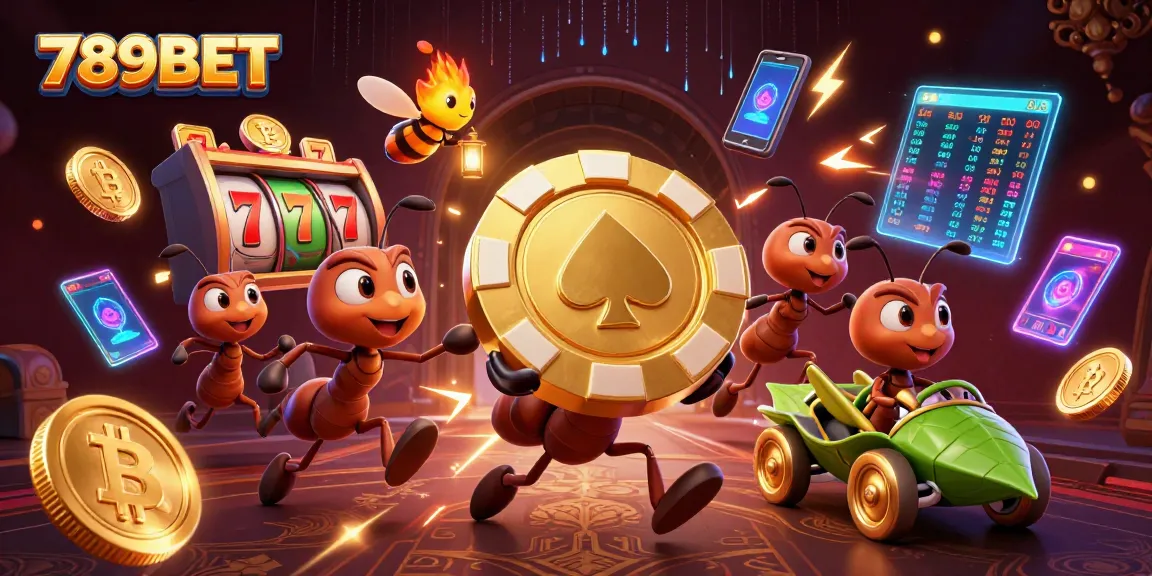 789BET showcases a team of cartoon ants in a heist with a golden poker chip amid vibrant casino elements.