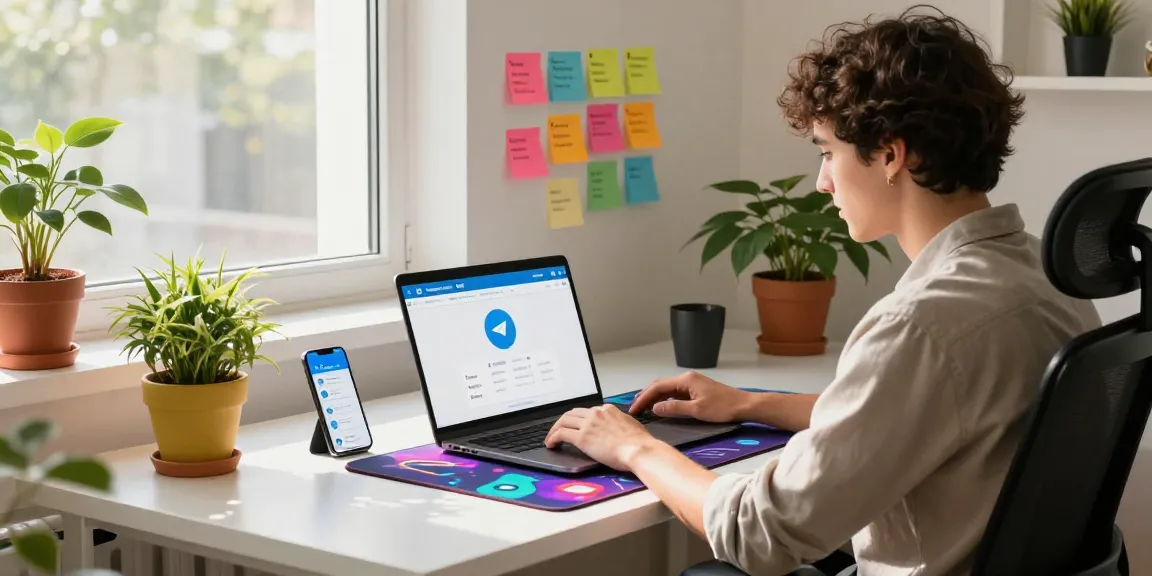 Professional using the Telegram web version in a modern workspace with vibrant decor and technology.