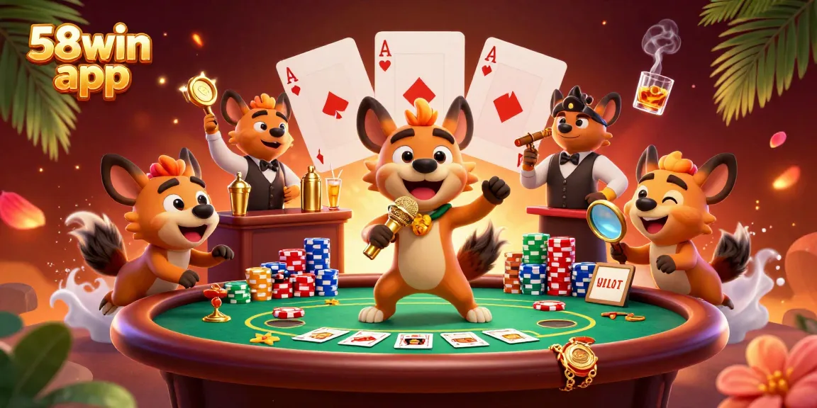 Experience the 58win app with lively hyenas hosting a vibrant comedy casino.